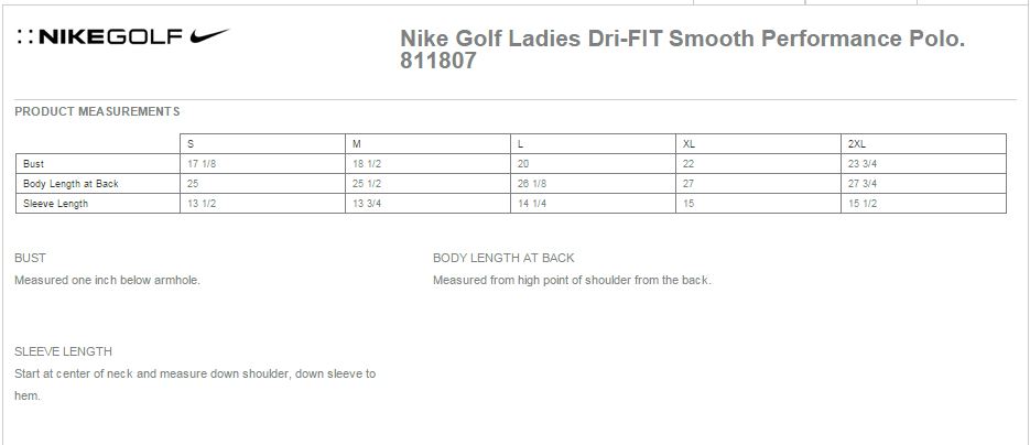 Nike Golf 811807 Size Chart