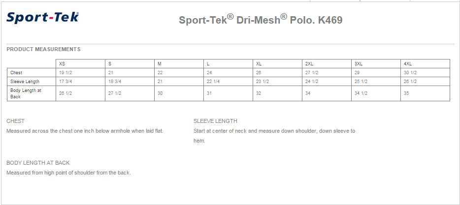 Sport-Tek K469 Size Chart
