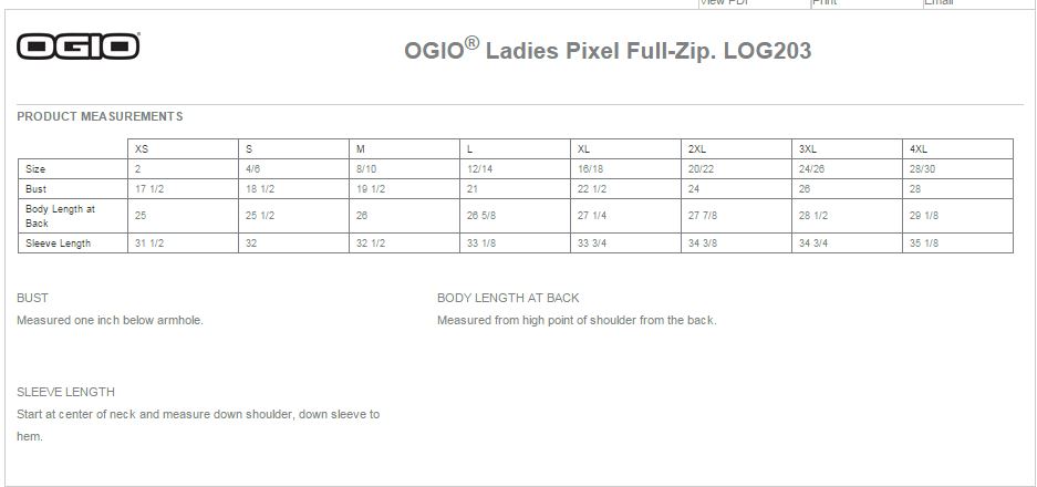 OGIO LOG203 Size Chart