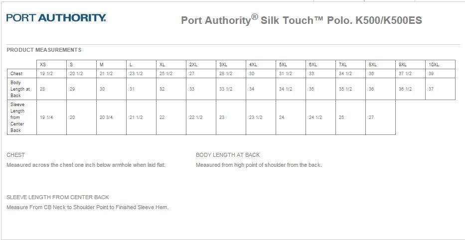 Port Authority K500 Size Chart