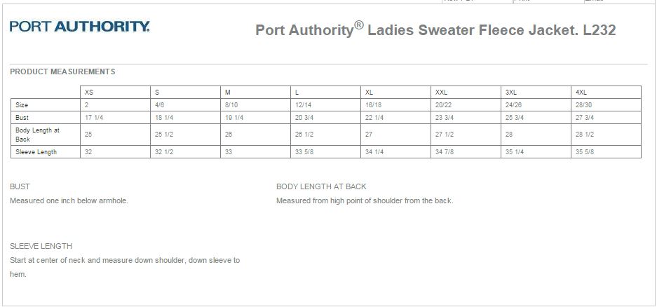 Port Authority L232 Size Chart