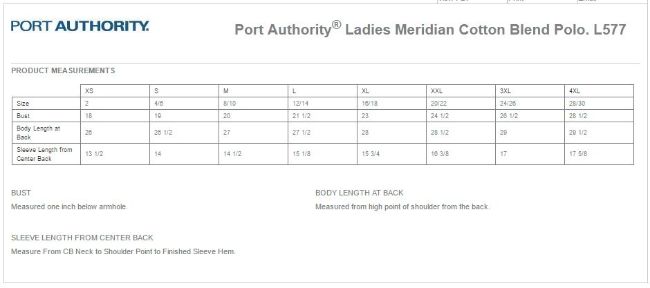 Port Authority L577 Size Chart
