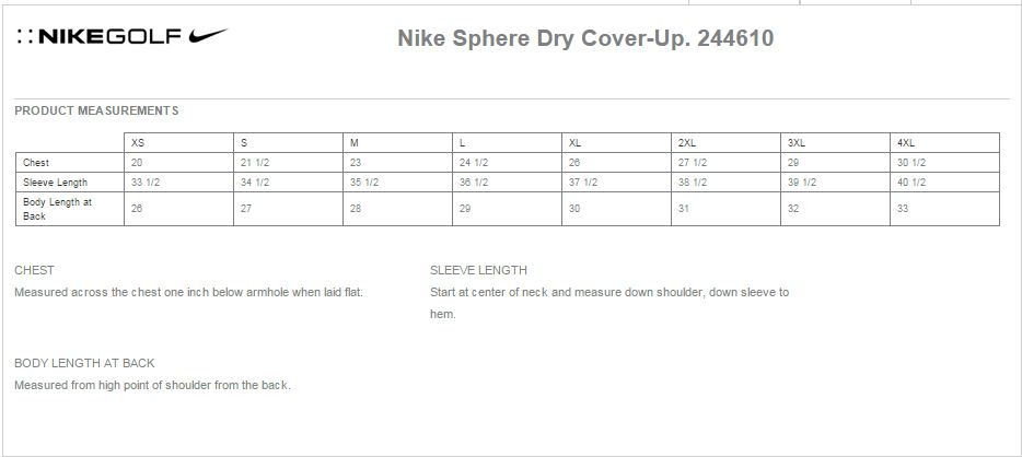 Nike Golf 244610 Size Chart