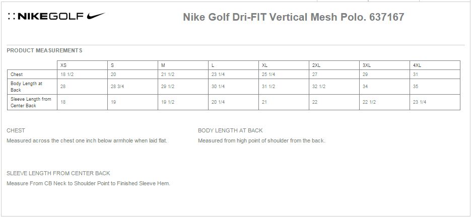 Nike Golf 637167 Size Chart