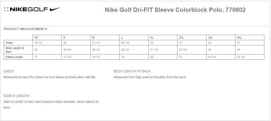 Nike Golf 779802 Size Chart