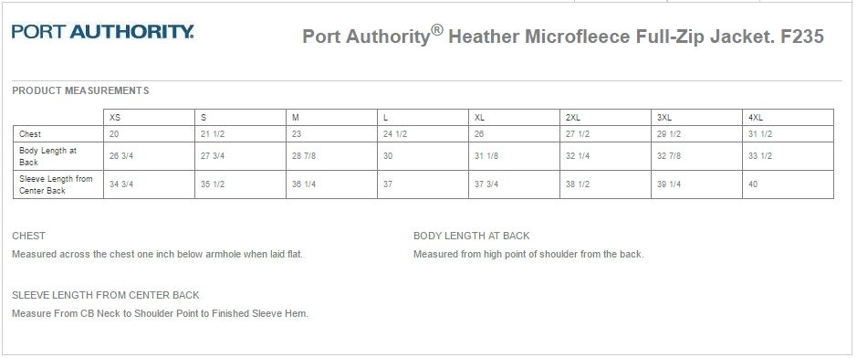 Port Authority F235 Size Chart