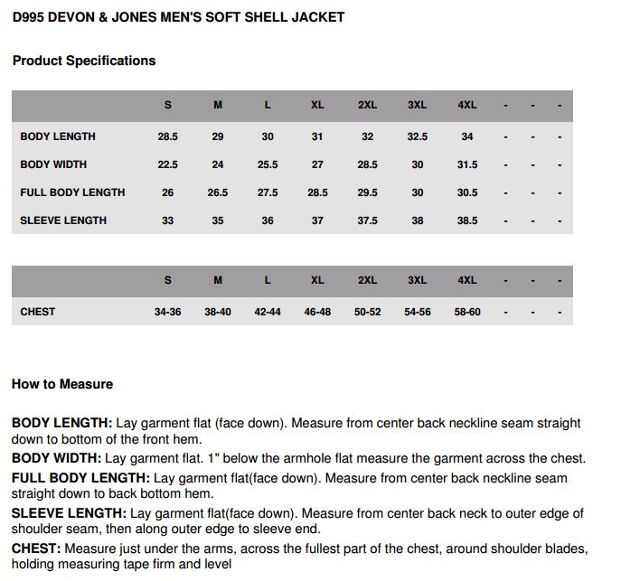 Devon & Jones D995 Size Chart