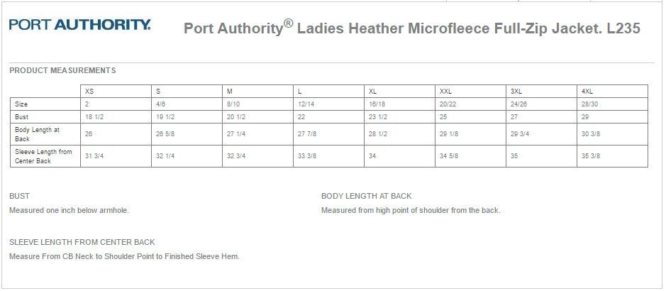 Port Authority L235 Size Chart