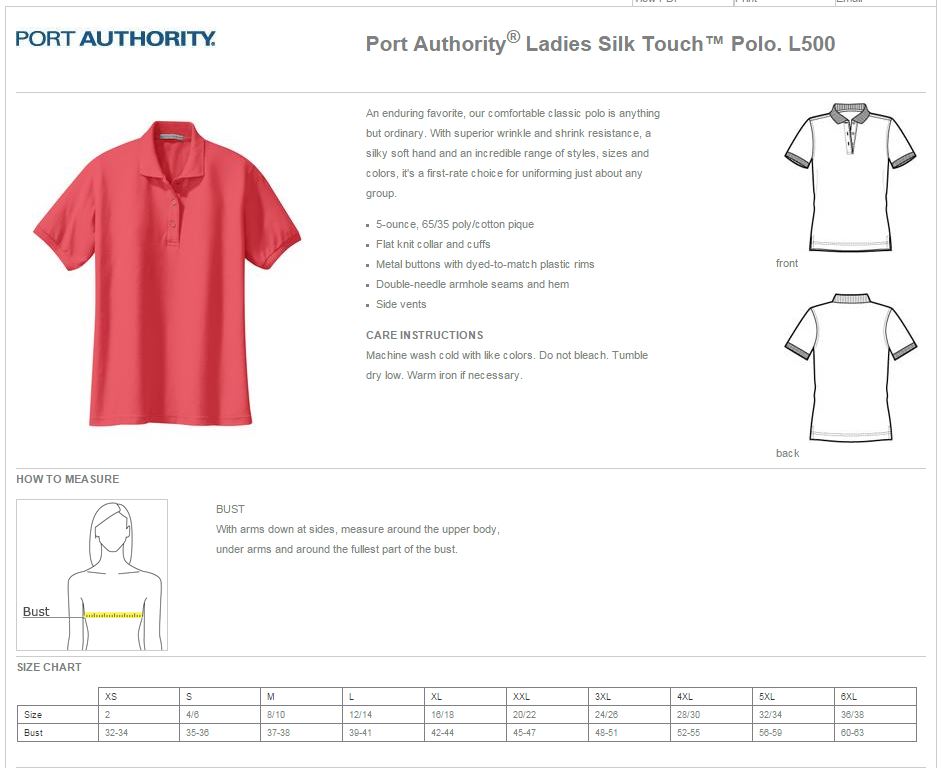 Port Authority L500 Ladies Silk Touch Pique Knit Polo Shirts