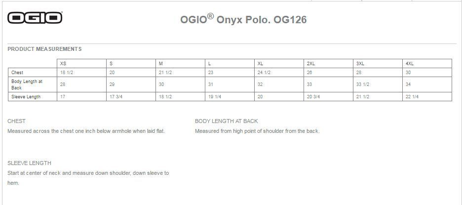 OGIO OG126 Size Chart