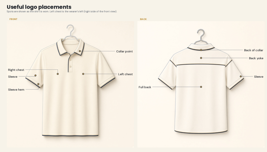 Front and back polo logo placement map: collar point, left and right chest, sleeve, sleeve hem, back of collar, back yoke, and full back