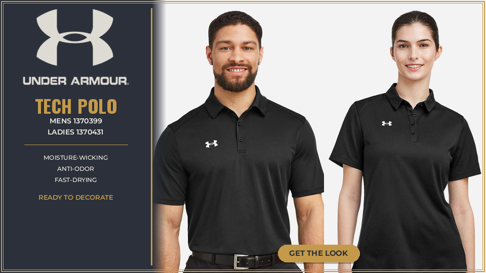 Under Armour Tech polo. Mens 1370399 and ladies 1370431. Moisture-wicking, anti-odor, fast-drying. Ready to decorate.