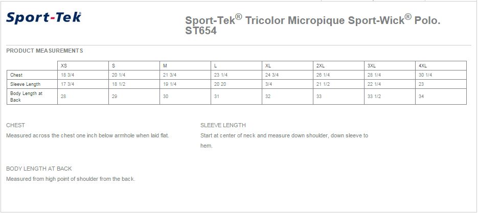 Sport-Tek ST654 Size Chart